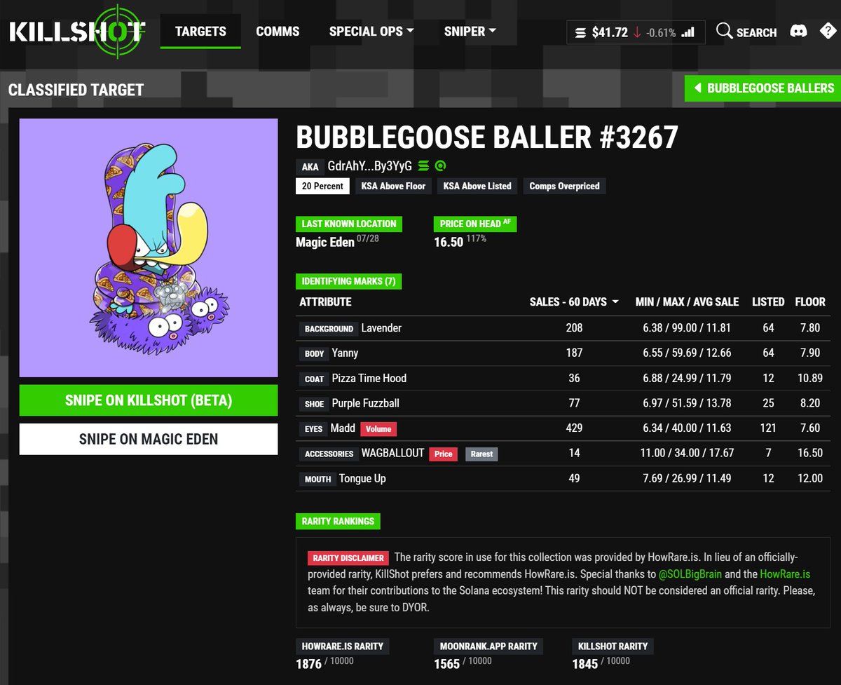 craig2139's tweet image. I loved this Baller, but wasn't sure how much I should pay.  So I fired up @killshotai  to assist.

The rare trait is the chain accessory "WAGBALLOUT," which I didn't have yet.  I loved the overall clean aesthetic going on with this one.