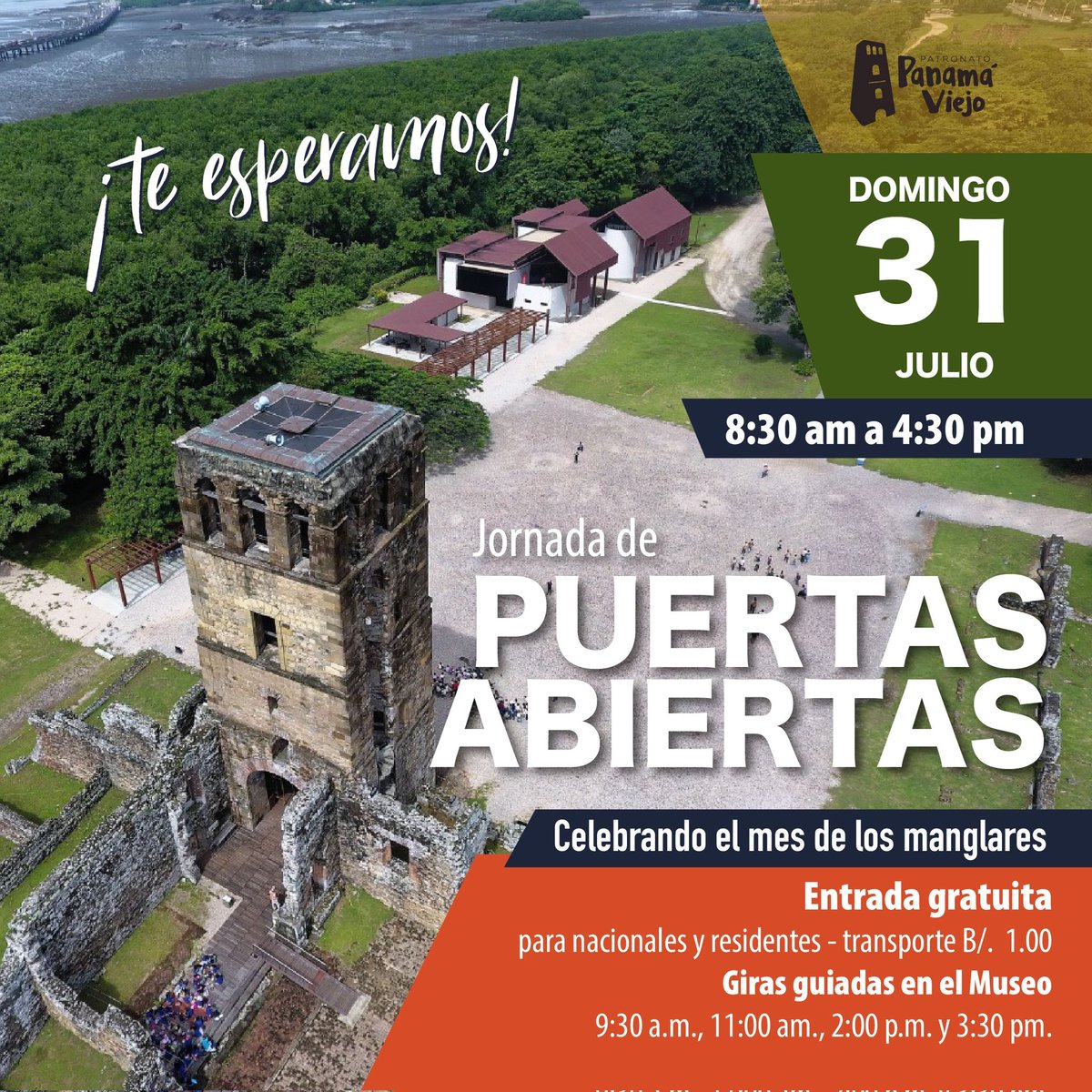 Jornada de puertas abiertas en Panamá Viejo con entrada gratuita para nacionales y residentes en horario de 8:30 am a 4:30 pm.
Tendremos recorridos en el Museo a las 9:00am, 11:00am, 2:00pm y 3:30pm.
Transporte interno B/.1.00
Contamos con librería, tienda de regalos y cafetería.