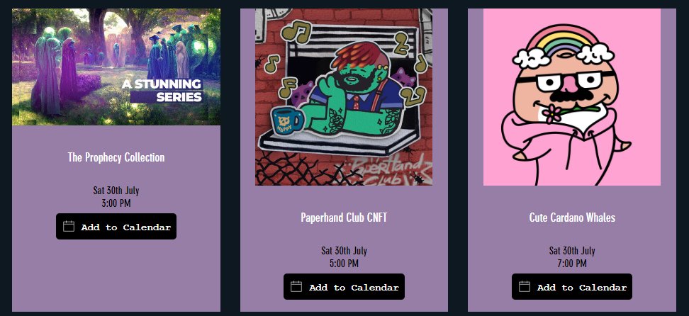 Minting today on #Cardano: 
Saturday, July 30
*Times in UTC 
<a href="/EntheosAi/">Entheos</a> <a href="/PaperhandClub/">PAPERHANDCLUB - 6.5ADA - MINT NOW</a> <a href="/CuteWhalesCNFT/">Cute Cardano Whales | MINTING NOW | 8 ADA</a>

wencnft.com
#CNFT $ADA #NFT