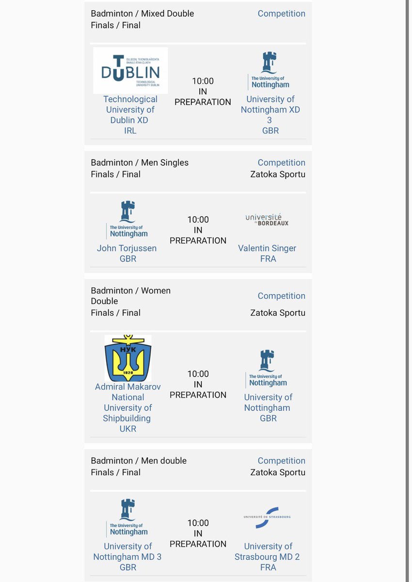 Badminton | A huge shoutout to our <a href="/UniNottsBC/">UoN Badminton</a> 🏸 players competing in Poland at <a href="/eug2022/">EUG2022 Lodz</a> - they’ve qualified for an incredible 4 finals across MS,MD,WD &amp; XD - an awesome achievement for the #GreenAndGold🔰