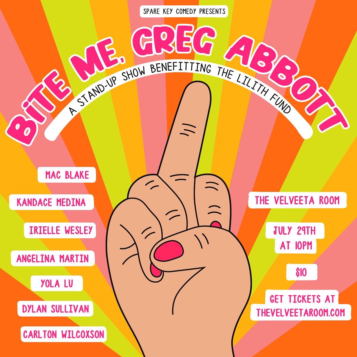 Hi ATX! Tonight at 10pm, I’m hosting this <a href="/sparekeycomedy/">Spare Key Comedy</a> stand-up show benefitting <a href="/lilithfund/">Lilith Fund</a> at <a href="/AtxVelv/">The Velv</a> &amp; I really think you should come! Tix are just $10 &amp; it all goes towards abortion access. Everyone on the show is deeply funny, like unfairly funny. See you there I hope!❤️