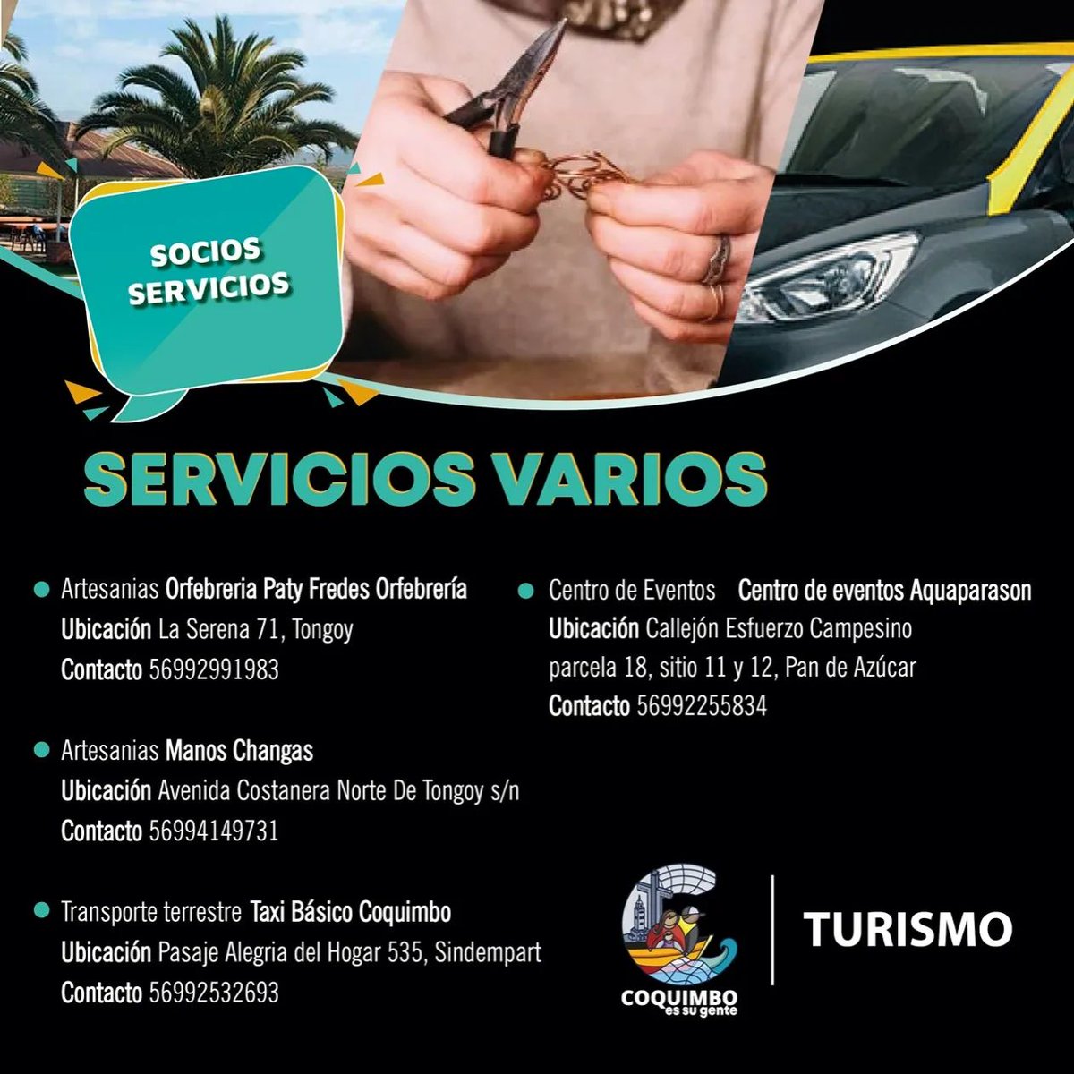 ➡️Nuestros socios ofrecen diversos servicios que ustedes pueden disfrutar.
Revisa el afiche y disfruta 📲
#Coquimbo #artesanía #orfebrería #eventos #transporte