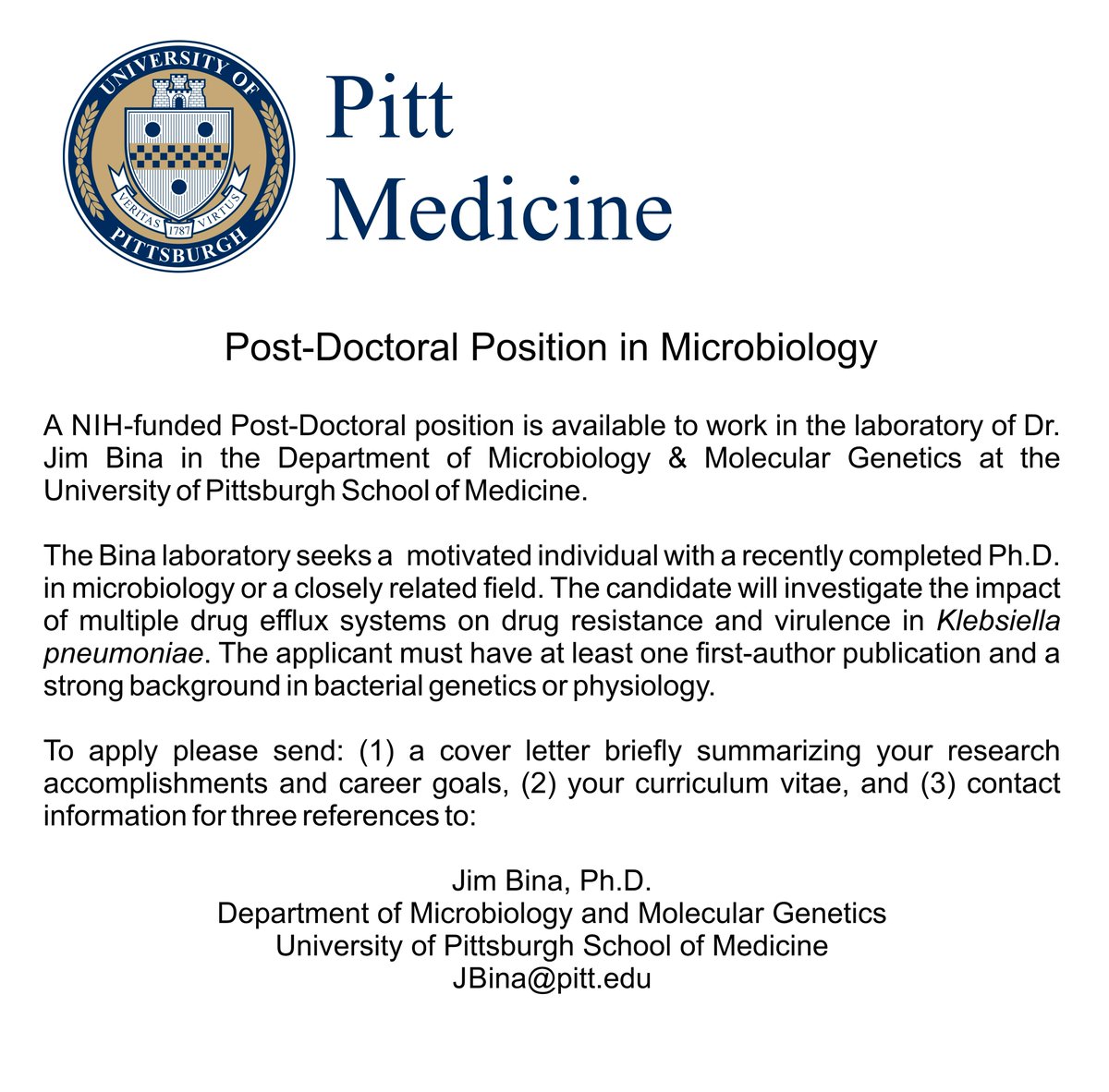 A #postdoc position is available in the Bina lab <a href="/PittHealthSci/">Pitt Health Sciences</a> for those interested in drug resistance and pathogenesis in gram negative bacteria. Please RT!