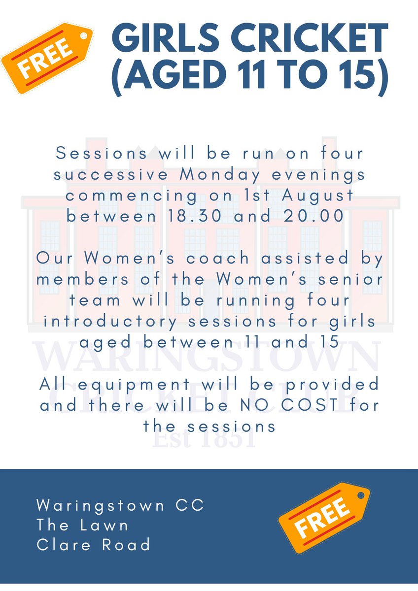 ✨Attention all Girls (11-15 years old)✨

🏏We have FREE cricket sessions for you during August!! 🏏

All abilities welcome!! 💪🏼

Book a FREE place here - > girlscricket2022.membersportal.co

Please share, spread the word and bring your friends!! 😊