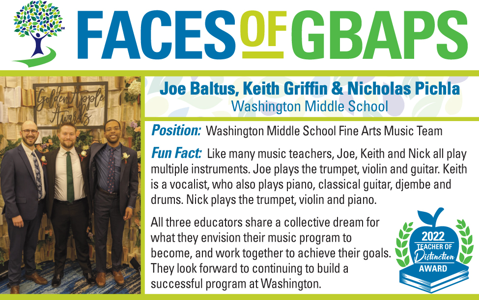 greenbayschools's tweet photo. Joe Baltus, Keith Griffin and Nicholas Pichla make up the Washington Middle School Fine Arts music team. This year, they were named a 2022 Teacher Team of Distinction. https://t.co/XIFTf1fLmt #FacesofGBAPS #GBAPSProud https://t.co/EVVs5eF7N3