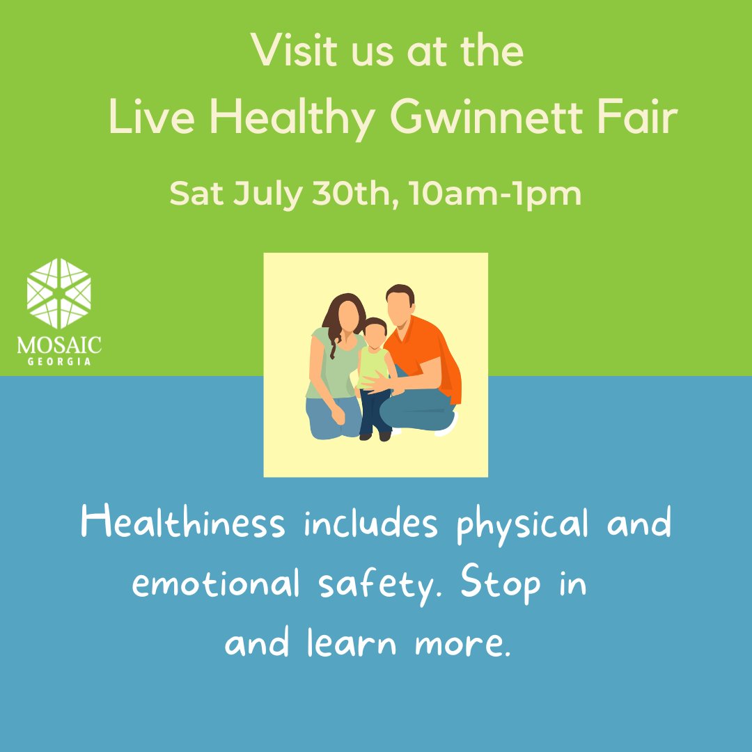 MosaicGeorgia's tweet photo. Stop by our table at the #LiveHealthyGwinnett fair this Sat 7/30 at the Bogan Park Community Rec Center. Get your health screening then visit us to learn more about the services we provide and how to keep #SatetyHealthJustice at the forefront. 2723 N Bogan Rd, Buford GA 30519. https://t.co/dMRJaYDRO0