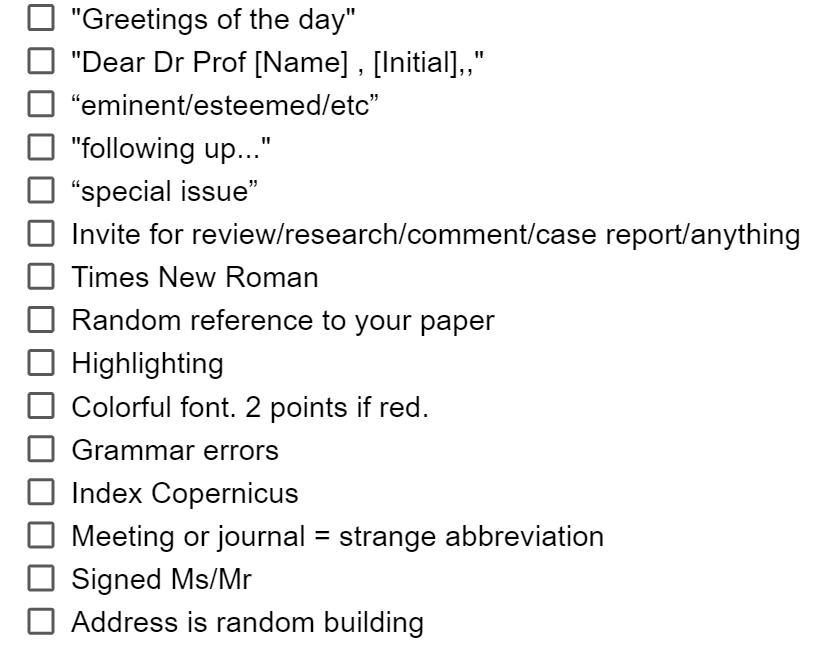 NicholasZaorsky's tweet photo. How to identify a spam research invite:

3 or more will have >99% accuracy

#AcademicTwitter #MedTwitter https://t.co/wsT3nUNKhb