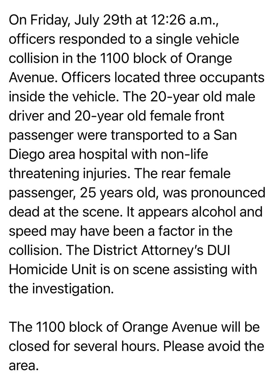 CoronadoPolice's tweet photo. Fatal Traffic Collision https://t.co/xtnEcKWPYW