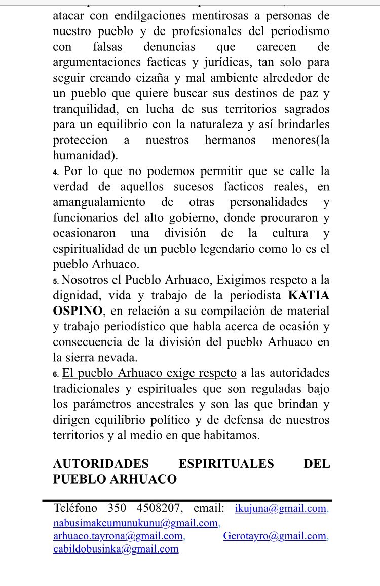 BandalosSC's tweet photo. Comunicado de Los Mamos, autoridades espirituales del pueblo Arhuaco, en apoyo a nuestra periodista de #Bandalos Katia Ospino @katiaospino y sus investigaciones.

#ApoyoaKatia https://t.co/0ywXpWAvMR