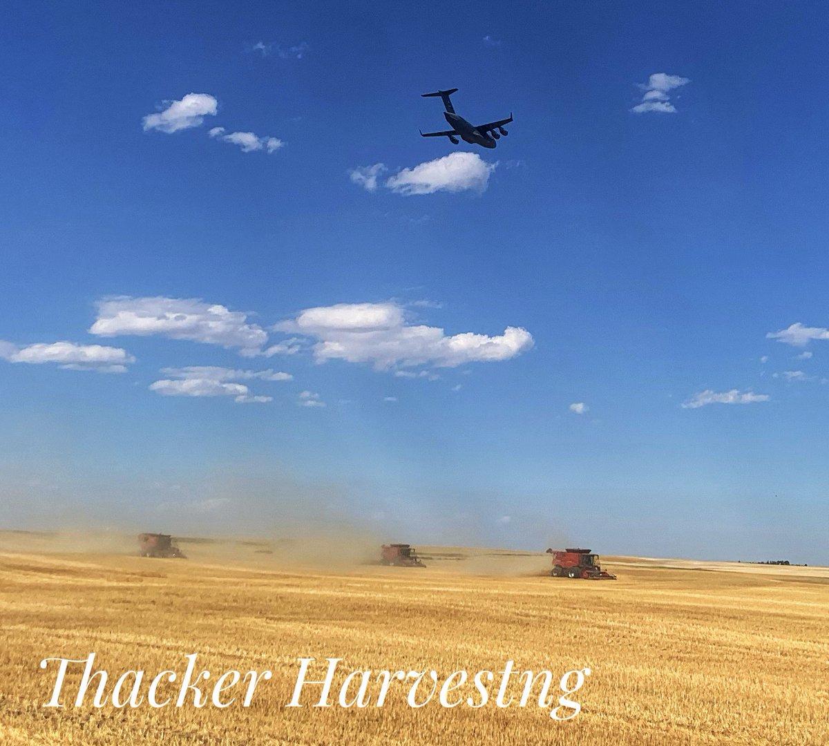 One of my cart operators caught this pic of us yesterday near Brady, Montana. From our guesses it’s a C-17? #harvest22 <a href="/Case_IH/">Case_IH</a>