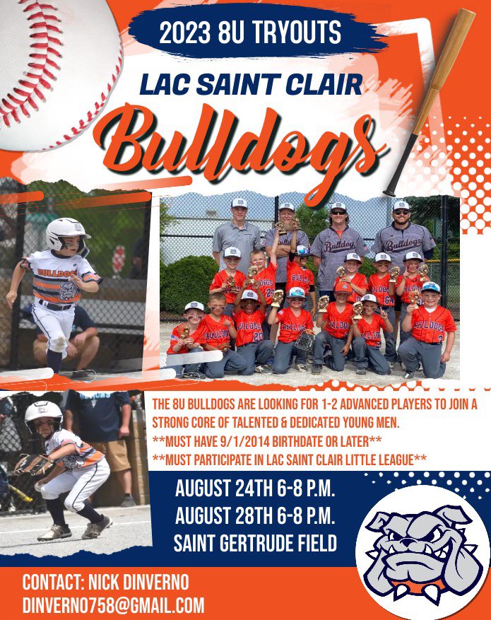 LacsaintclairLL's tweet photo. Tryout information for the 2023 8U Bulldogs!

Please fill out attached form if you are interested:
https://t.co/G2vxJOfw6t https://t.co/I90XPFHYFp