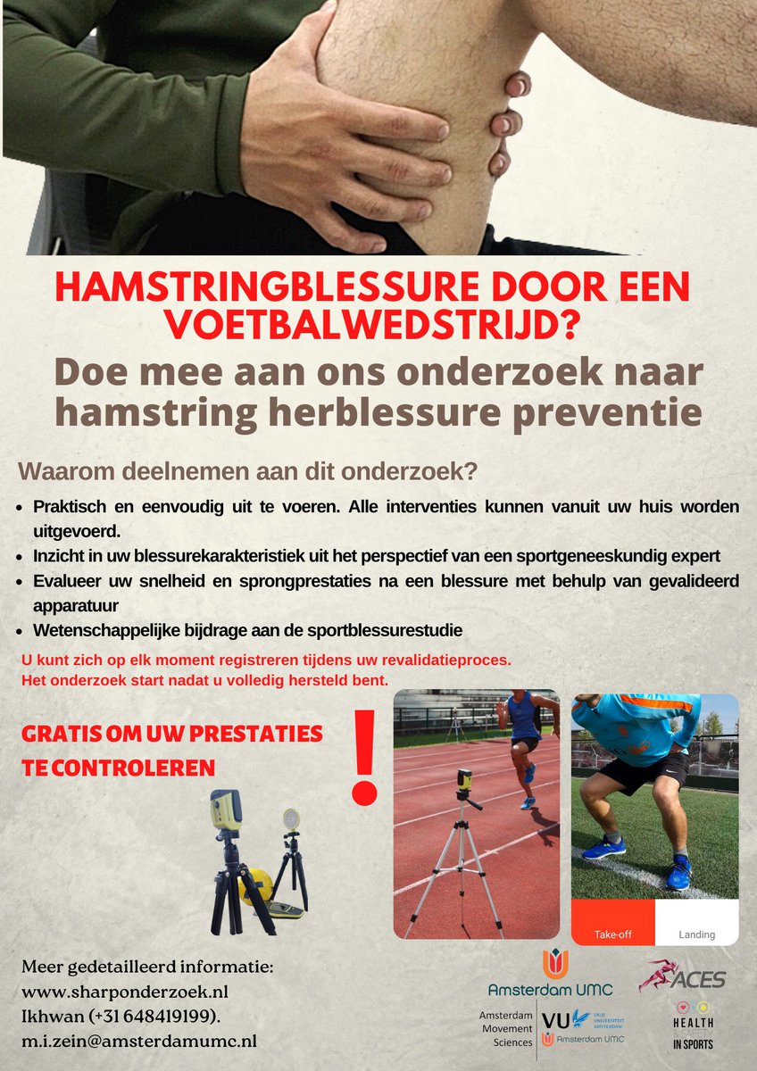 Study on hamstring re-injury prevention (SHARP)
Now recruiting participants:
1. Male &amp; female football players
2. Age 18-40 y.o
3. Within 1 week after recovery from hamstring injury
<a href="/Jltol/">Hans Tol</a> <a href="/guusreurink/">Gustaaf Reurink</a> @EvertVerhagen @KerkhoffsG <a href="/Mr_vd_Horst/">Nick van der Horst</a> <a href="/AdamWeirSports/">Adam Weir</a> @edwingoedhart