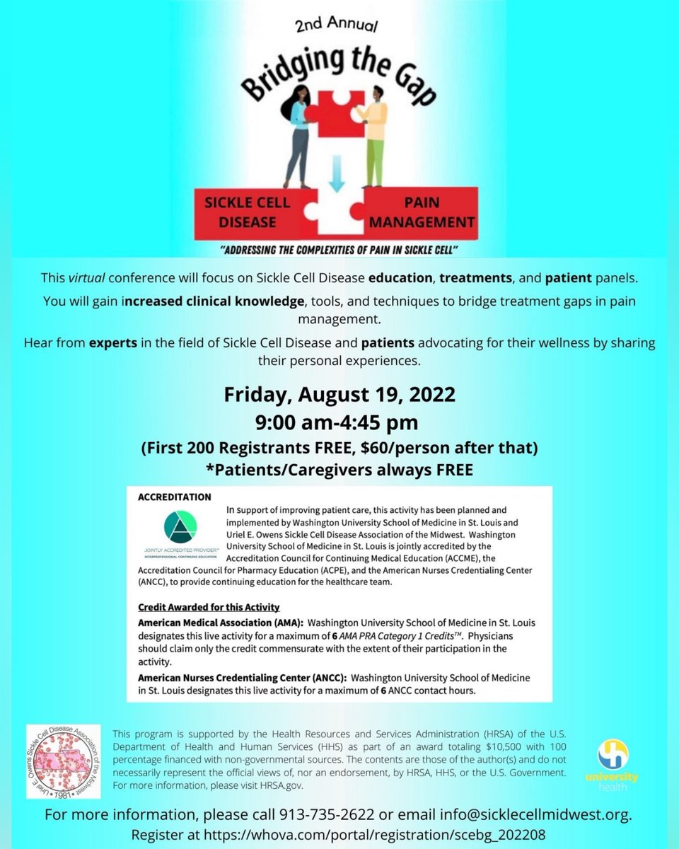 Memej99's tweet photo. Don't forget to register for our @sicklecellmw 2nd Annual Bridging the Gaps II educational program! Our focus this year is #PainManagement in #SCD. #SickleCellWarriors & #Caregivers register for Free! Register @ the π below!
#BridgingtheGaps
#SickleCellMidwest #SCDPainManagement https://t.co/jovgtjVjtQ