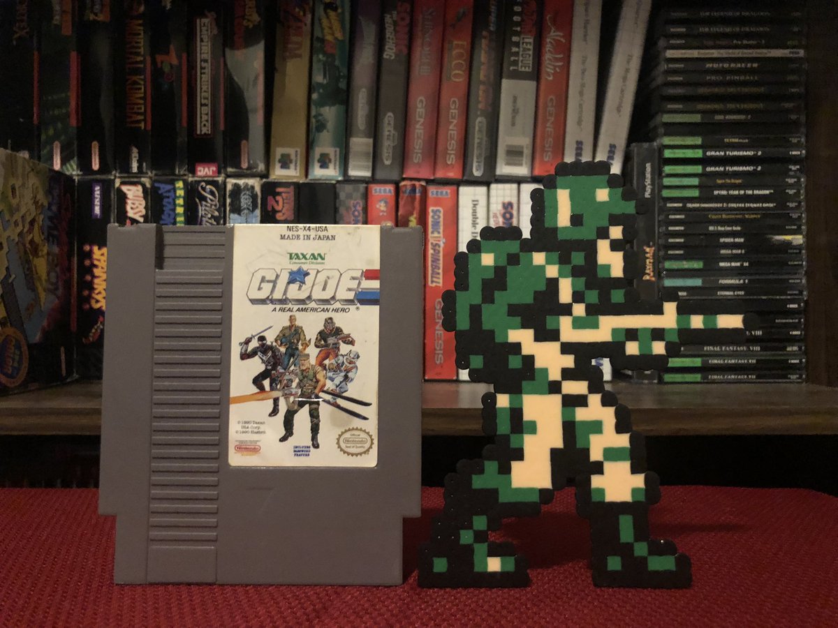 pixelsrebuilt's tweet image. Game #109: G.I. Joe! A birthday present from @PC98_Audi, this was an old favorite of mine as a kid, not to mention how into the toys me and my cousin were growing up! Pretty difficult but a very fun game overall! #nes #perler #pixels #RETROGAMING  #GIJoe #nintendo #taxan