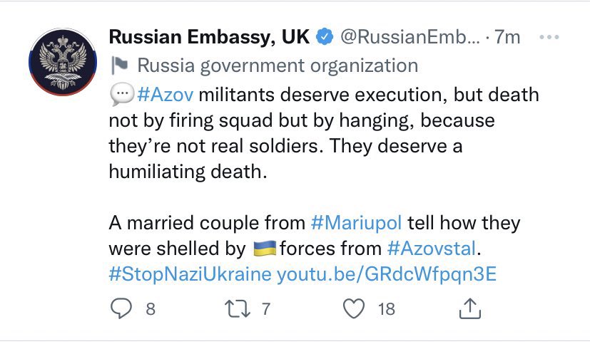 demidov_ka's tweet image. Hey @Twitter @TwitterSafety
Delete the account of @RussianEmbassy because they are urging deaths to the Ukrainian prisoners of war. This is a violation of Twitter rules and UN rules and shouldn't be allowed.