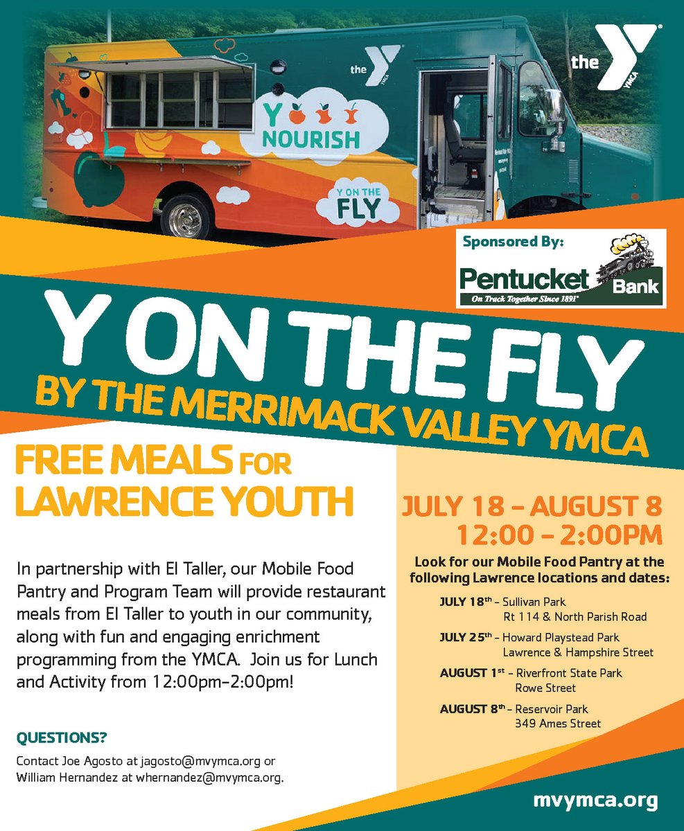 The Lawrence YMCA and EL Taller are teaming up to provide FREE meals to youth in our community, along with fun and engaging enrichment programming from the YMCA. Join us on Monday, August 1st for Lunch and Activity from 12:00pm-2:00pm! mvymca.org/2022/07/y-on-t…