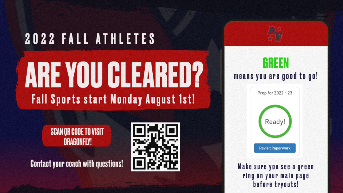 Fall Athletes don't forget for Monday! Make sure your DragonFly paperwork is completed prior to attending tryouts! ⚽🏐🤸🏈⛳🎾🏃📣
<a href="/_BPittman/">Brian Pittman</a> <a href="/AFHSannounce/">AFHS_Announcements</a> @Soccer_AFHS <a href="/AFHS_Volleyball/">AFHS Volleyball</a> <a href="/AFHS_Cheer/">AFHS Cheer</a> <a href="/AFHS_JVCheer/">Ms. Rodriguez</a> <a href="/spaulding4life/">Andrea Spaulding</a> <a href="/AFHS_XC_Track/">Coach Matthews</a> <a href="/AFPatriotFB/">Coach Adam Sanders</a> #PatFam