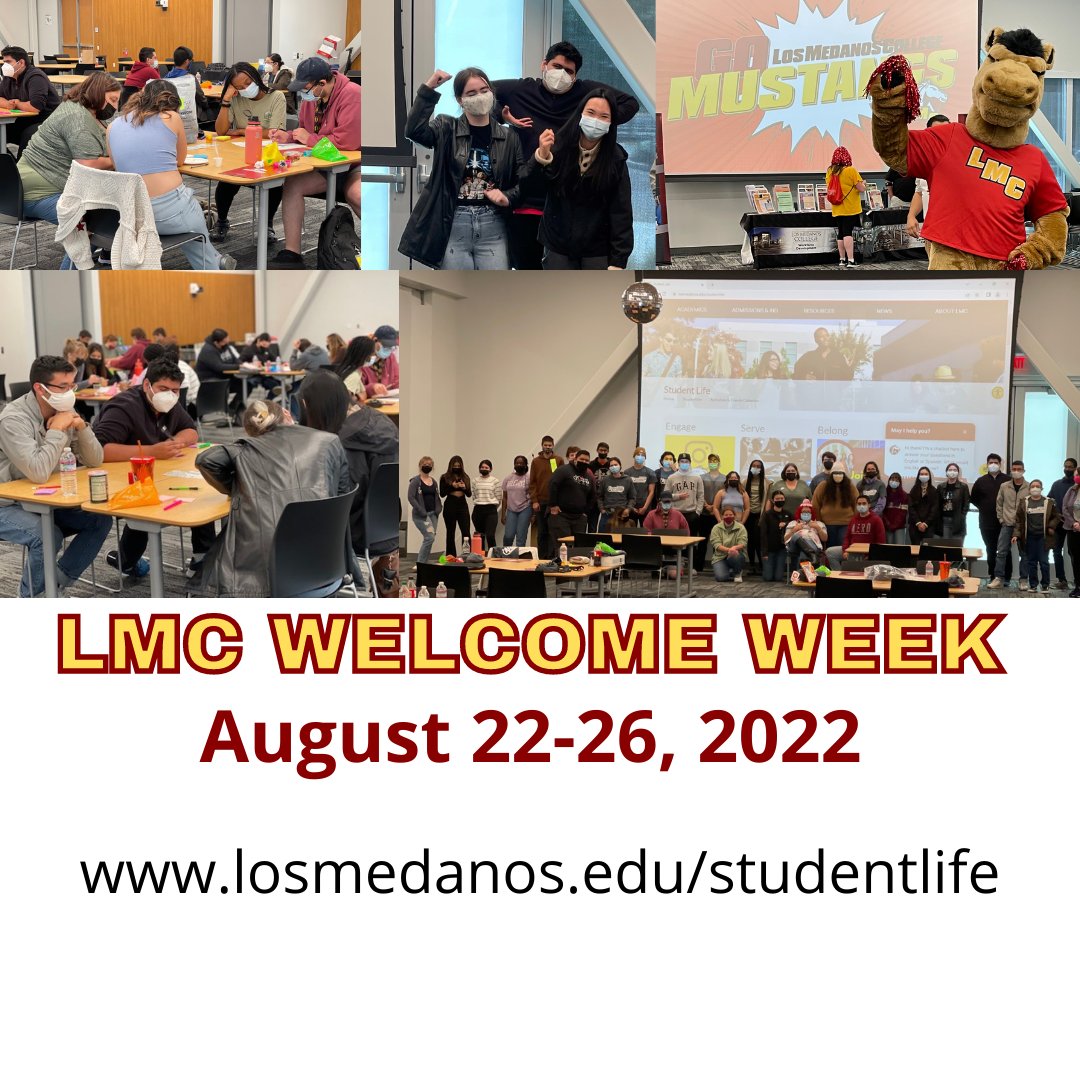 MESA_LMC's tweet photo. MESA invites you to the Los Medanos College Week of Welcome!

Members of LMCAS will be handing out Starter Packs and Snacks to get you started in your semester!

Pittsburg Campus outside the Student Union Building, on August 22nd, 2022, from  11:00am to 12:30pm! https://t.co/sZsCze44fW