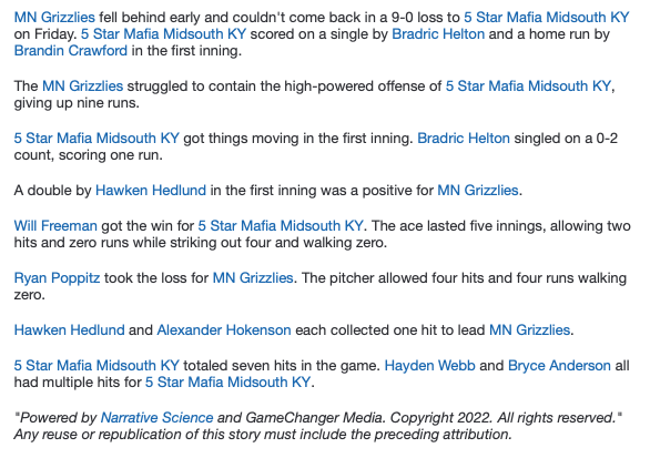 #16uWBC 5 Star Mafia Midsouth KY blanks MN Grizzlies 9-0.  Star's Brandin Crawford 1-3 RS HR 3RBI BB, Ethan Jackson 1-3 3RS 2B BB and Hayden Webb 2-3.  Grizzlies' Hawken Hedlund 1-2 2B and Alexander Hokenson 1-2.
