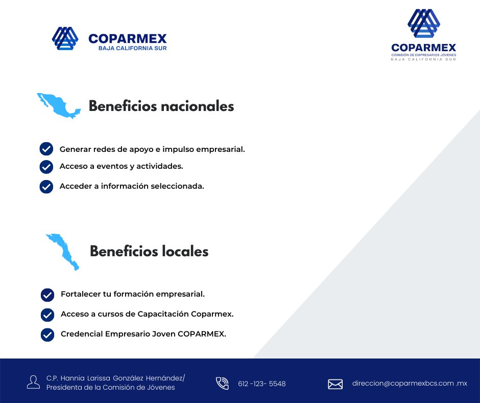 ¡Únete a la Comisión de Empresarios Jóvenes Coparmex BCS y obtén los mejores beneficios!En Empresarios Jóvenes Coparmex BCS somos una Comisión de Trabajo que forma parte de Coparmex BCS.Accede a facebook.com/coparmexbcsofi… y conoce más sobre nosotros.
#Coparmex #coparmexbcs #emprende