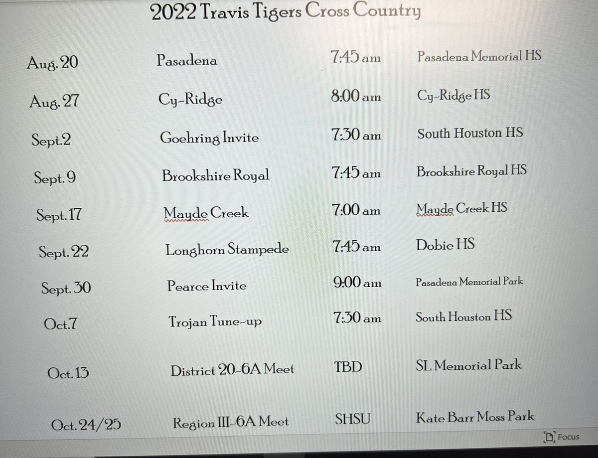 2022 Cross Country Schedule