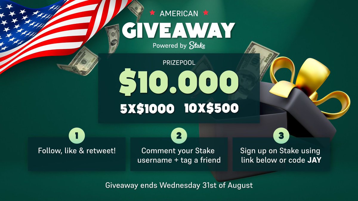 DOING A 💰 $10K GIVEAWAY FOR MY ‘MURICANS! 💸

🎁 5x $1.000 
🎁 10x $500

1️⃣Follow, Like and Retweet
 
2️⃣Comment your Stake username + tag a friend

3️⃣Sign up at <a href="/Stake/">Stake.com</a> with the 🇺🇸 link stake.us/?c=deuceace or use code JAY

⏰Giveaway ends Wednesday 31st of August!