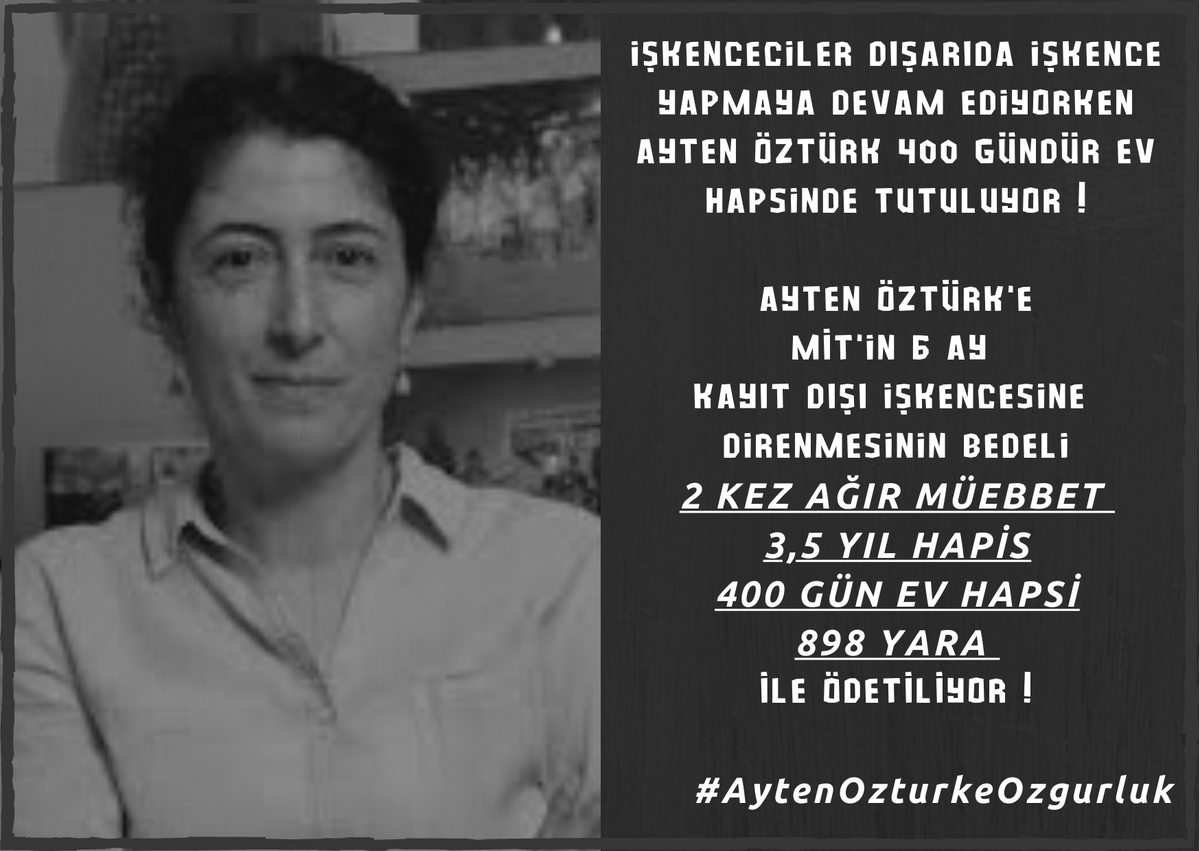 Ayten Öztürk'e verilen 2 ağırlaştırılmış müebbet cezası bozulsun!
Ev hapsi kaldırılsın!
İşkence görenler değil işkence yapanlar cezalandırılsın!

#AytenOzturkeOzgurluk