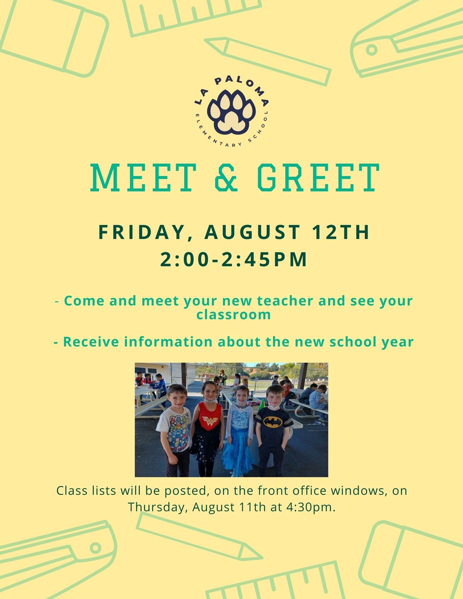 LaPalomaElem's tweet photo. Save the date for La Paloma’s Meet and Greet, Friday, August 12. Please see the flyer for more information. …..Reserve la fecha para el Meet and Greet de La Paloma, el viernes 12 de agosto. Consulte el folleto para obtener más información. #lapalomawolves https://t.co/mERoX7WWc6