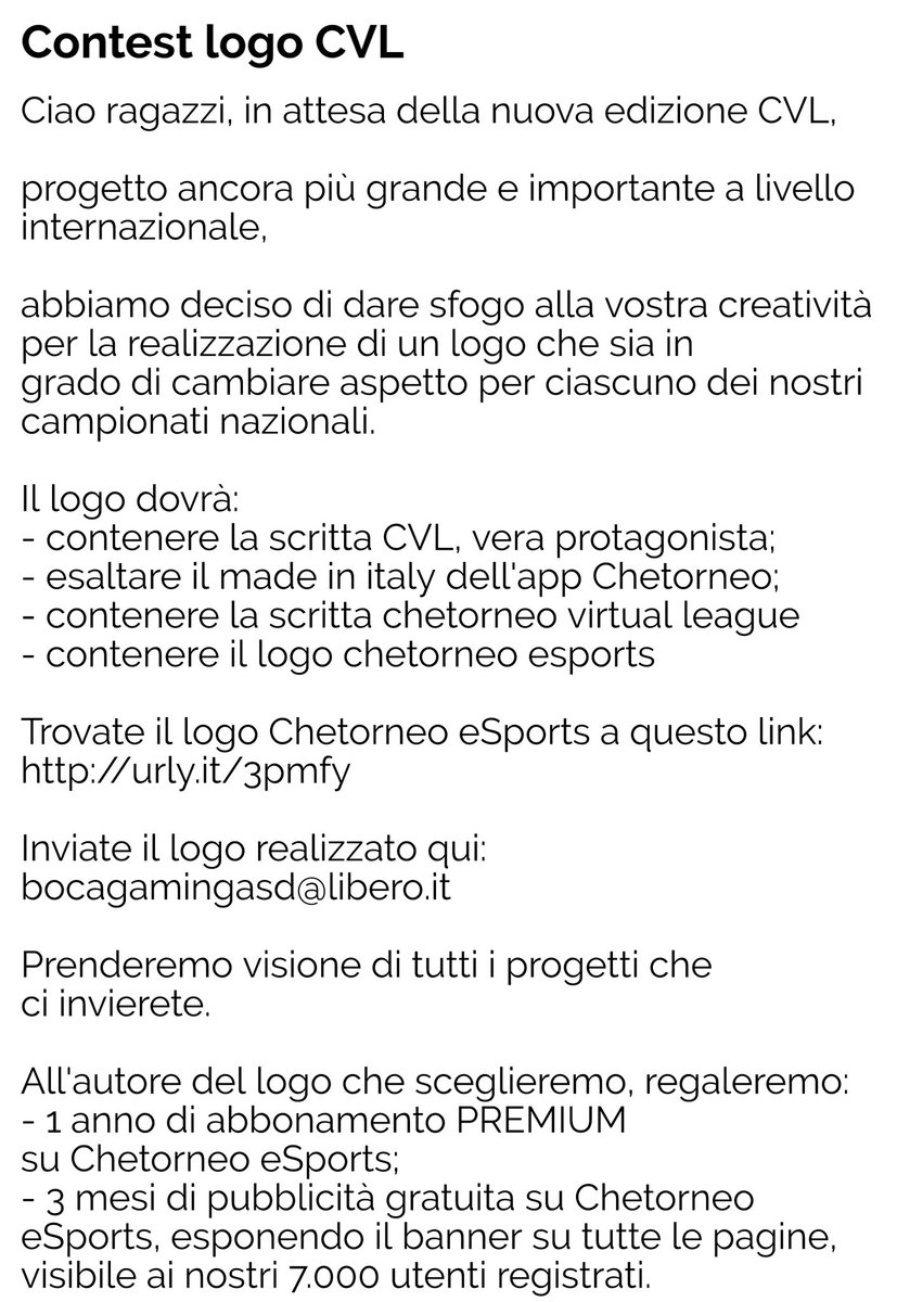 Chetorneo eSports (@chetorneo) on Twitter photo ๐ฅ๐ฎ๐น Contest Logo CVL ๐ฎ๐น๐ฅ
Link logo Chetorneo eSports:
urly.it/3pmfy
Inviate logo creato a:
๐ญ bocagamingasd@libero.it
<a href="/BocaRetwitt/">BocaRT</a>
@ILOVEPROCLUB1
<a href="/KickOff_ProClub/">Kick-Off</a>
@RTPROCLUBITA
<a href="/RTProClubs/">RTProClubs</a>
<a href="/rtproclubitaly/">Pro-Club Italy</a>
<a href="/Freeagent_PS/">Pro Clubs Free Agency</a>
<a href="/Proclubretweet1/">ProClubHouse_rt</a> ๐ฅ๐ฎ๐น Contest Logo CVL ๐ฎ๐น๐ฅ
Link logo Chetorneo eSports:
urly.it/3pmfy
Inviate logo creato a:
๐ญ bocagamingasd@libero.it
<a href="/BocaRetwitt/">BocaRT</a>
@ILOVEPROCLUB1
<a href="/KickOff_ProClub/">Kick-Off</a>
@RTPROCLUBITA
<a href="/RTProClubs/">RTProClubs</a>
<a href="/rtproclubitaly/">Pro-Club Italy</a>
<a href="/Freeagent_PS/">Pro Clubs Free Agency</a>
<a href="/Proclubretweet1/">ProClubHouse_rt</a>