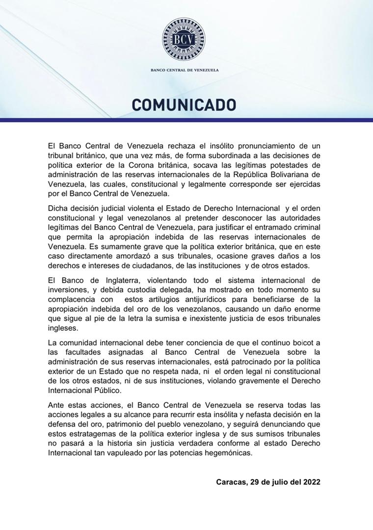 COMUNICADO OFICIAL🔵| El BCV rechaza el insólito pronunciamiento de la jurisdicción británica que socava las potestades de administración de las reservas internacionales de Venezuela. Más información en nuestra página web: tinyurl.com/2p84rkbe