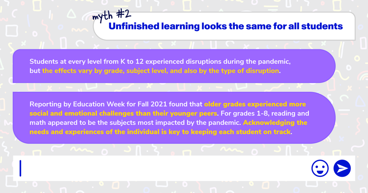 paperlearning's tweet photo. As we grapple with the impact of COVID-19 on education, we’re reviewing common myths about unfinished learning, and focusing on research-backed solutions found in #AcceleratedLearning 🔍

Swipe through to learn more and read the full blog post here: https://t.co/1SbY6u5YNt https://t.co/peYUQttA9x