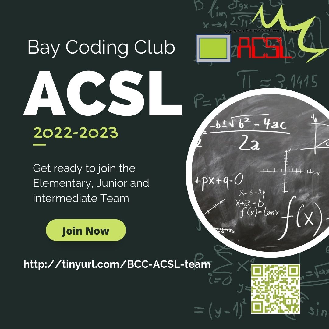 bay_coding's tweet image. Join one of our ACSL Teams for the upcoming school year! We have Elementary, Junior, and Intermediate Teams with available slots!
Join here: tinyurl.com/BCC-ACSL-team
