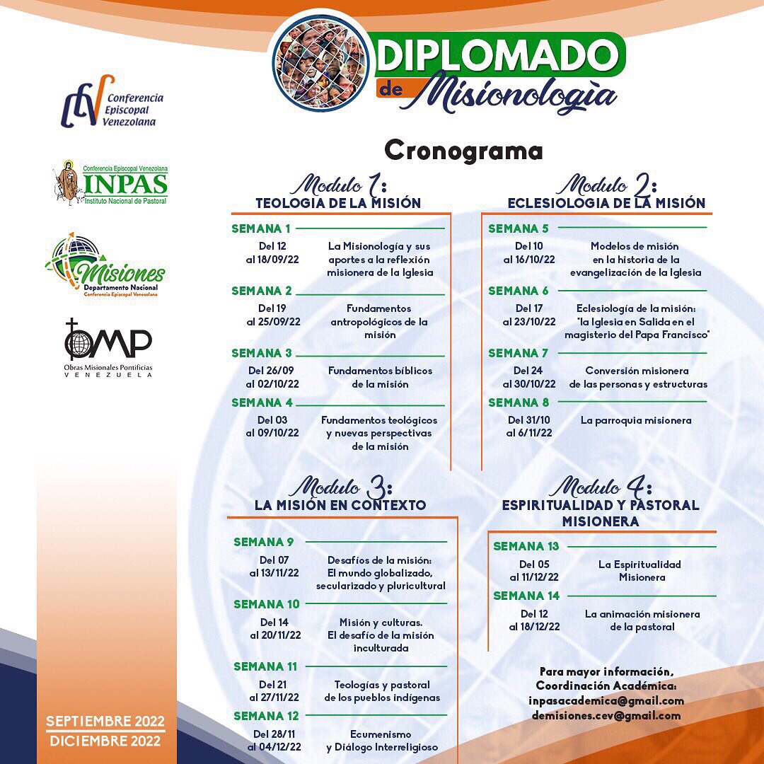 Inpasvenezuela's tweet photo. INPAS de Venezuela y el departamento Nacional de Misionología de la Conferencia Episcopal Venezolana, les invita a realizar el diplomado de MISIONOLOGÍA. ❇️inicio: 5 de septiembre 2022. Pronto estaremos dando información sobre el proceso de inscripción . https://t.co/QWSUsVRv1T