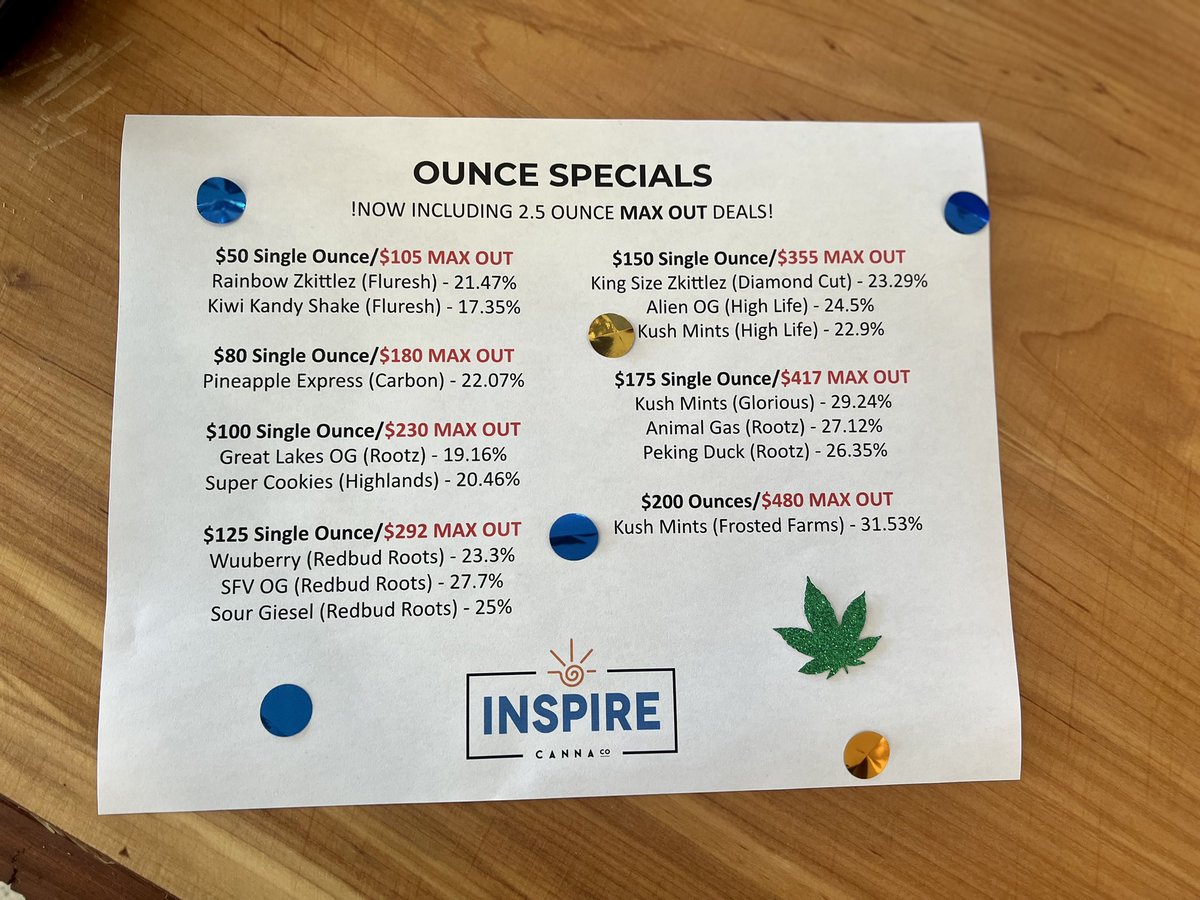 InspireCannaCo's tweet photo. 🚨New Ounce Specials🚨

#InspireCannaCo #BeInspired #Michigan #Cannabis #FreeGram #Friday #Specials #HighHowAreYou https://t.co/SDRyAyNA08
