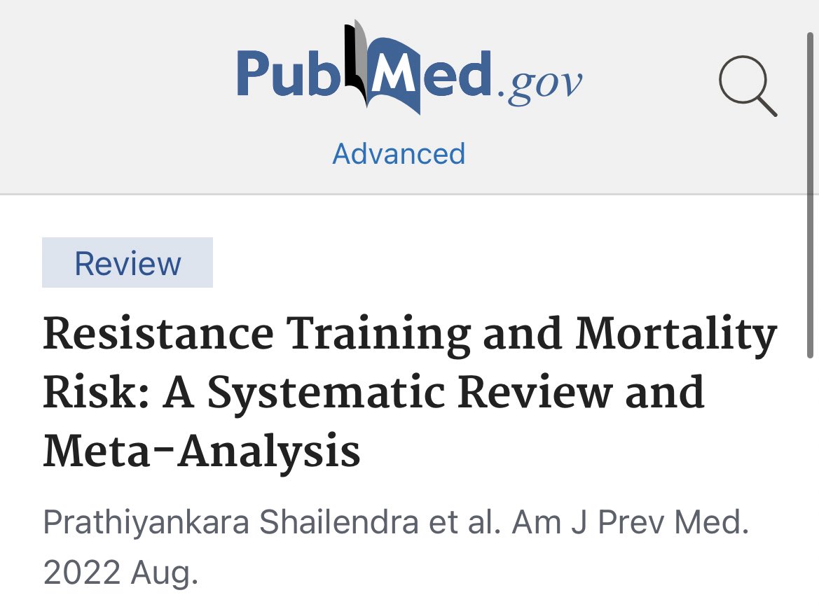🏋🏼‍♀️Resistance training is associated with lower all-cause, cardiovascular disease and cancer-specific mortality. ⏱️Just 60min PER WEEK can reduce the risk of mortality by 27%. 🏥It’s not ethical to not prescribe resistance training! pubmed.ncbi.nlm.nih.gov/35599175/