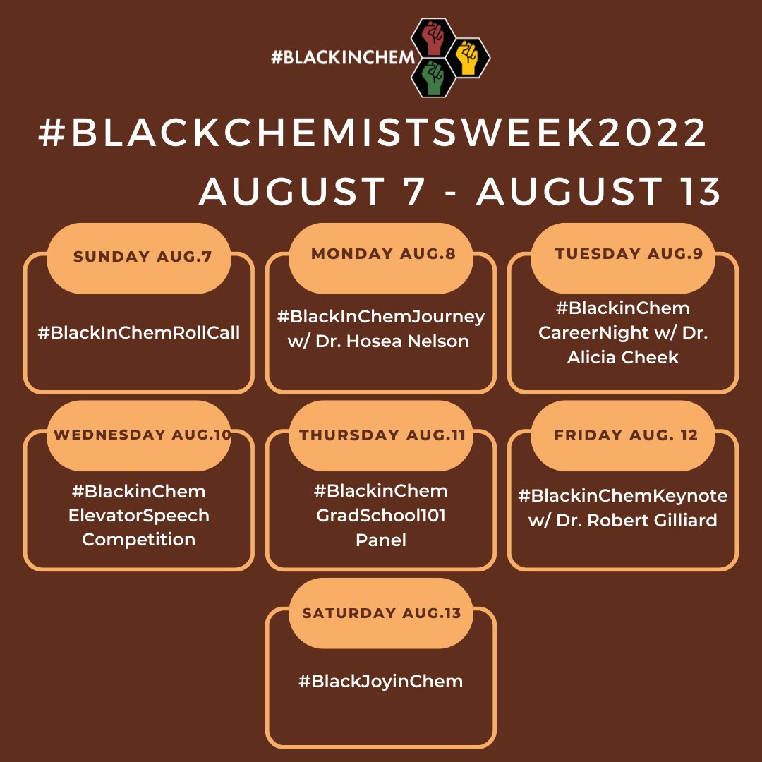 #BlackChemistsWeek2022 (August 7-13) w/exciting events range from #BlackinChemJourneys to #BlackinChemCareernight to a #BlackJoyinChem day!  #BlackinChemKeynote will be given by 
@RJGilliard! Stay tuned for more! 

#BlackinChem #LSAMP
