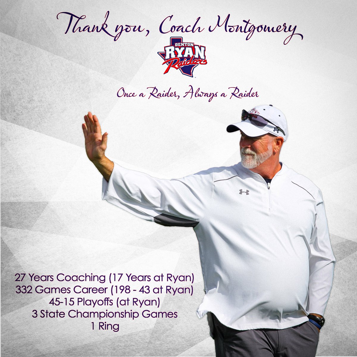 Thank you for your service and dedication to the Ryan Raider Program. Good luck on your new journey! Once a Raider, Always a Raider! #Raider4Life  <a href="/dentonisd/">Denton ISD</a> <a href="/DentonISDSports/">Denton ISD Athletics</a>