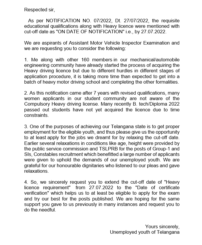 shoiab699's tweet photo. Hello sir 
@KTRTRS
 
@KTRoffice
 
@puvvada_ajay
 
@TSPSCofficial
 
On 27th july TSPSC has issued notification for #AMVI and WE NEED EXTENSION OF CUT-OFF DATE for  HMV (Transport license) License.
#ktr #KCR https://t.co/B6vDr6puOo#amvi
