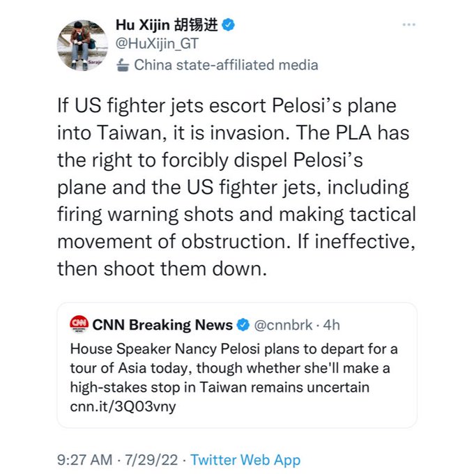 If US fighter jets escort Pelosi's plane into Taiwan, it is invasion. The PLA has the right to forcibly dispel Pelosi's plane and the US fighter jets, including firing warning shots and making tactical movement of obstruction. If ineffective, then shoot them down.