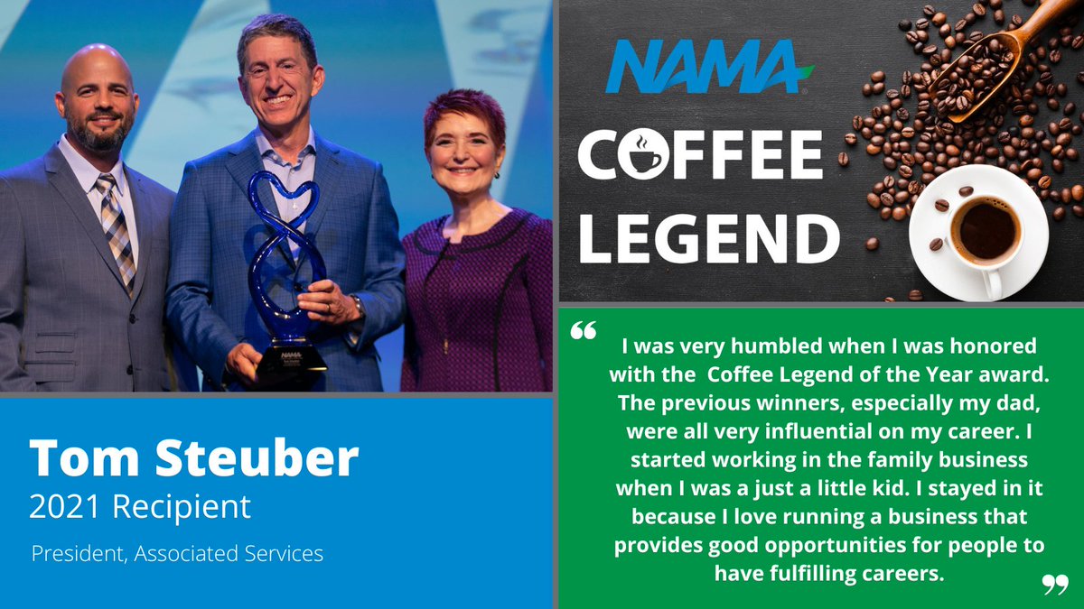NAMAvending's tweet photo. Meet the Legend! Last year's Coffee Legend of the Year @TomSteuber is the President of @associatedca, a family-owned business since 1972. 

Nominations for NAMA's 2022 Coffee Legend of the Year are open through Aug. 23. Submit a nomination:  https://t.co/ZH7qcz4wRw 

#NAMACTW https://t.co/xeXeyteMS2
