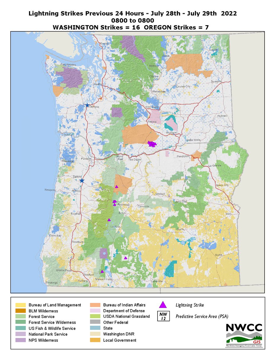 As we move into the weekend we’re seeing a little more ⚡️⚡️⚡️lightning in the PNW. From Thursday, July 28 to the 29th we saw 23 lightning strikes in the region – 16 in OR and 7 in WA. 

Isolated thunderstorms will also continue mainly over south central OR in the afternoons.