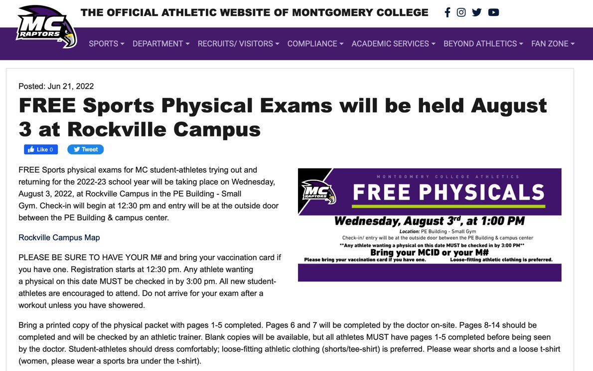 FREE Sports physical exams for #MC_Raptors student-athletes trying out and returning this year will be on Wednesday, August 3, at Rockville Campus in the PE Building - Small Gym. Check-in will begin at 12:30 pm. Visit our website for more information mcraptors.com