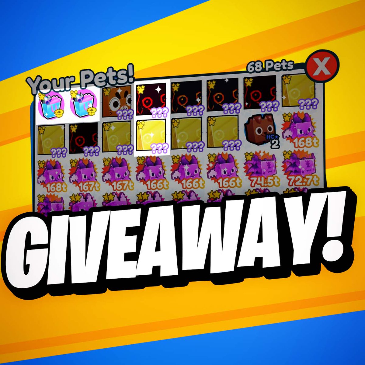 Hey, ich verlose hier
2 Pet Simulator X Anniversary Gifts
Einen Rainbow- und einen Gold-Huge-Hell-Rock

Teilnahmebedingungen:
Diesen Tweet retweeten und den Roblox Namen kommentieren.

Auflösung: 01.Aug.2022 hier, auf Twitter

Viel Erfolg!