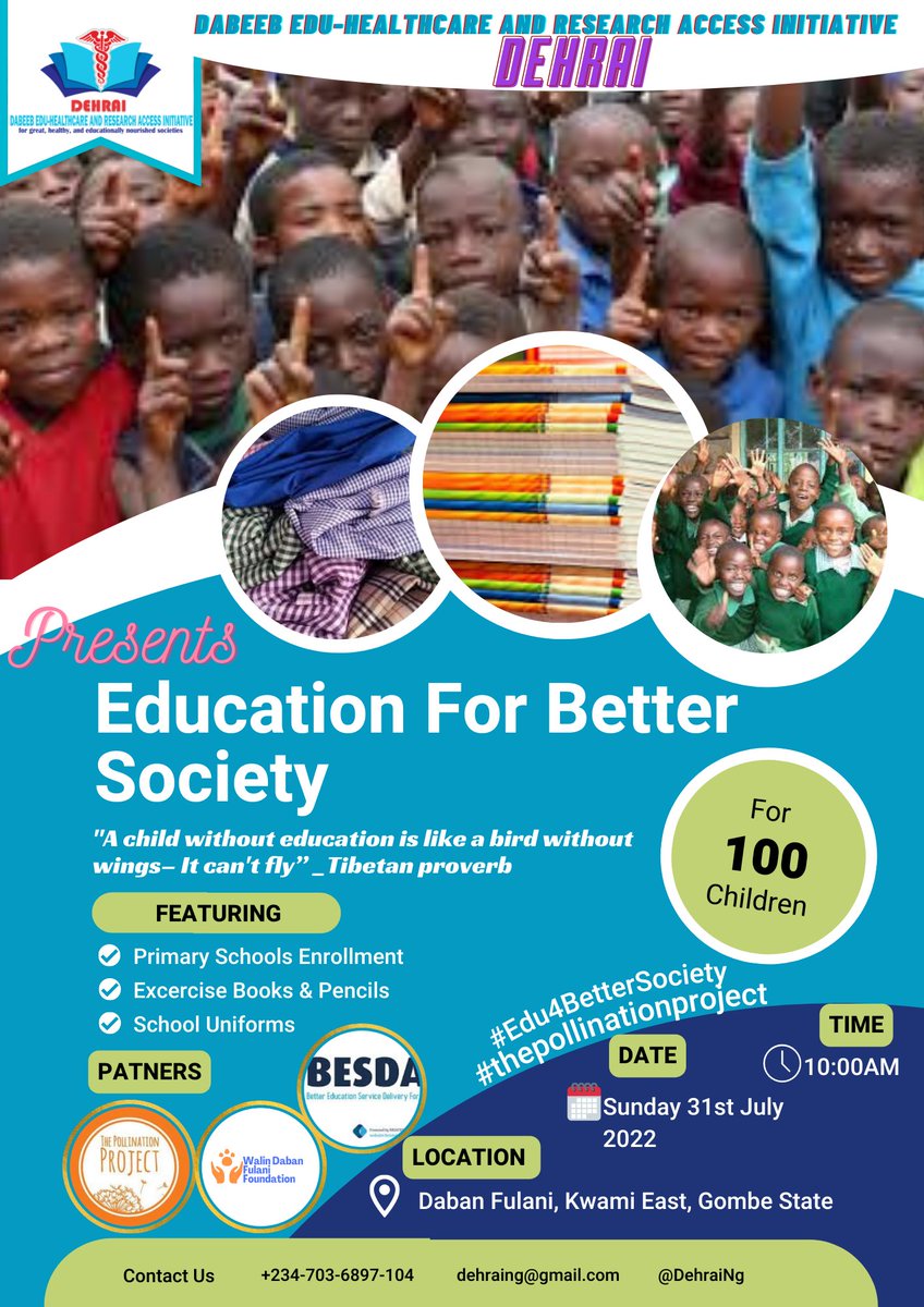 dehrai_ng's tweet image. Education For Better Society...
A child without education is like a bird without wings- it can&apos;t fly. _Tibetan Proverb

Let&apos;s change the world through education...
#Edu4BetterSociety 
#thepollinationproject