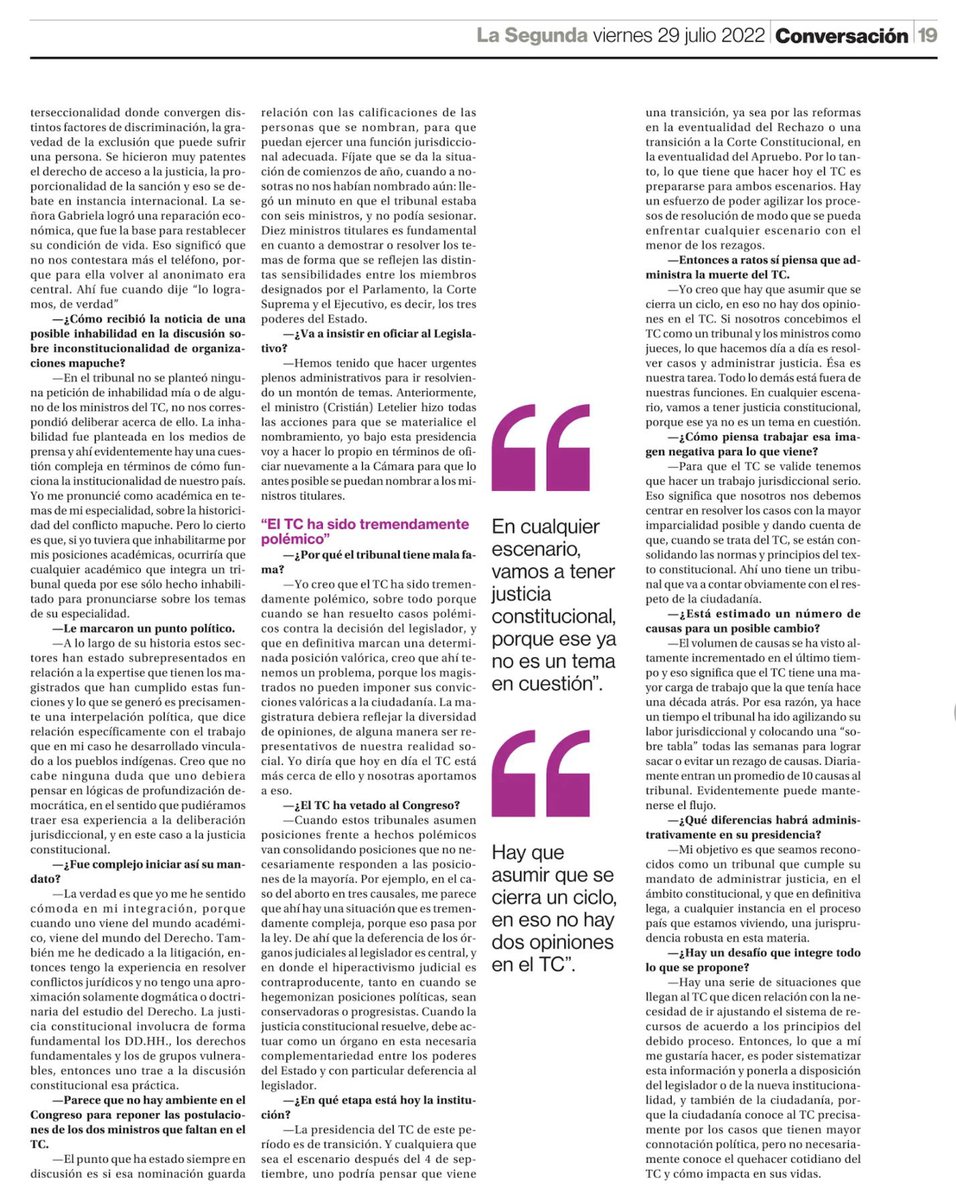 Interesante entrevista a la presidenta del TC Nancy Yañez