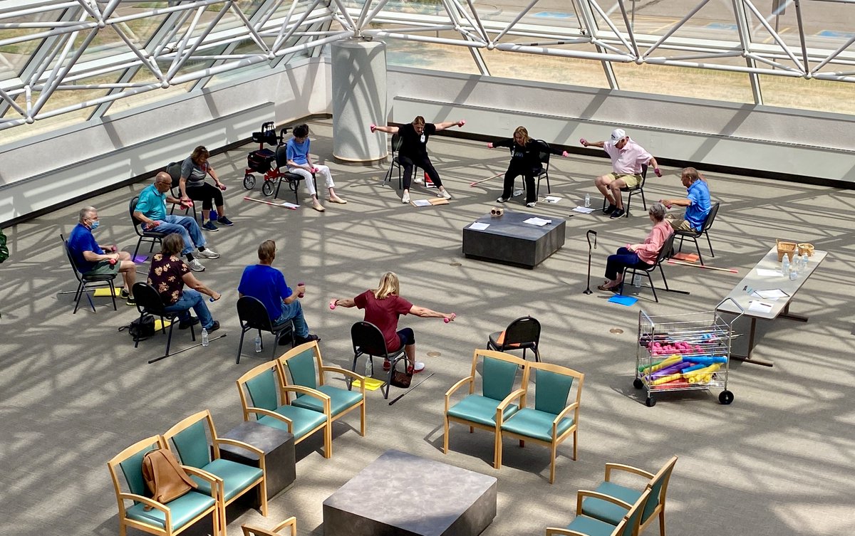 MercyOklahoma's tweet photo. Dust off the weights, let's get in shape! Free chair exercise classes for anyone living with #Parkinsons. Classes are Tue & Thurs at #MercyOKC Meinders NeuroScience Institute. They help with mobility and vocal strength. Plus, we just have fun! Sign up: https://t.co/aTb5flL5P6 https://t.co/ShaF7CWbTy