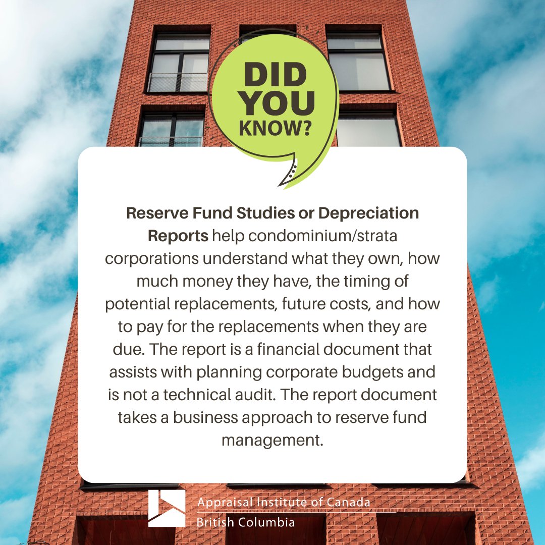 AICanada_BC's tweet photo. Condominium/strata property owners and boards count on AIC-designated appraisers for comprehensive and independent reserve fund studies and depreciation reports.
Talk to an appraiser today: https://t.co/cxMD9LJYfa
#insightAICBC #AICValuationPros #AppraisersKnow #WeValueBC https://t.co/nbRLcEcS7T