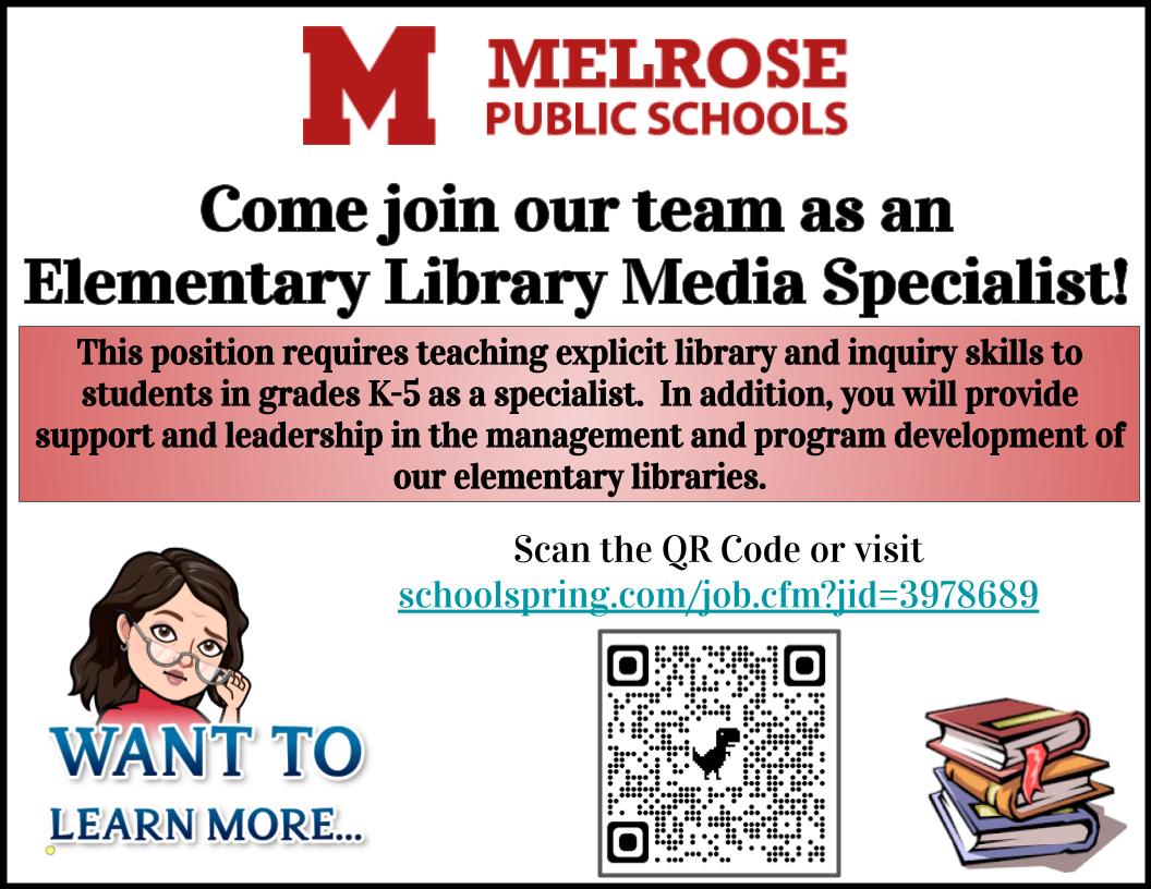 We're looking for an Elementary LMS <a href="/MelrosePS/">MelrosePublicSchools</a> If you are looking for a teaching position with the ability to help develop our elementary library program, let's talk!  Apply on school spring: schoolspring.com/job.cfm?jid=39…
