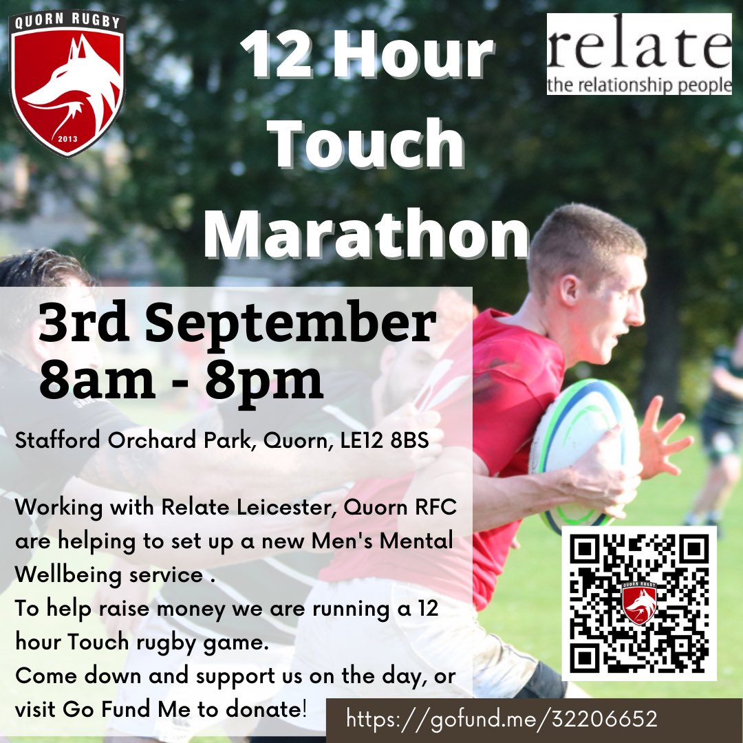 MWeetman's tweet photo. I’m taking part in a 12 hour touch rugby game to help raise money for the Quorn Rugby Project to raise money for a mens mental well-being service with @RelateLeics. https://t.co/hqZdvmIXvb https://t.co/8soCruTElj
