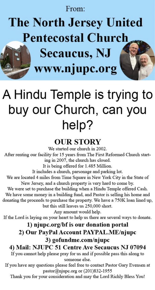 SHARE &amp; Give. A Hindu Temple is trying to buy away a church property used by a church planted in Secaucus, NJ. My wife and I are giving 1K. Let’s raise 200K to keep this a church. Give direct: tinyurl.com/w3zcs28e.  PayPal:  PayPal.me/njupc